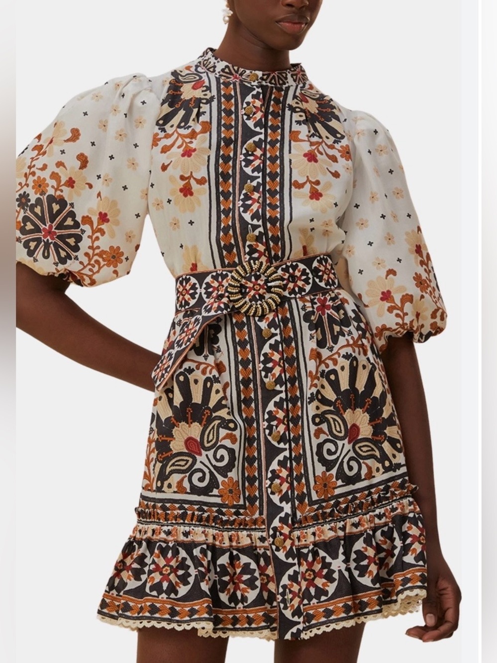 Farm Rio Flower Fan Tapestry Off-White Mini Dress Size Large.